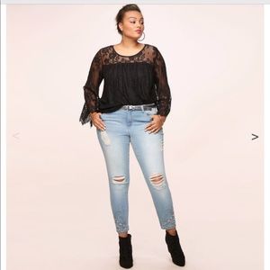 Destructed rhinestone ankle jeans